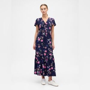 Gap Ruched V-Neck Maxi Dress Navy Floral NWT